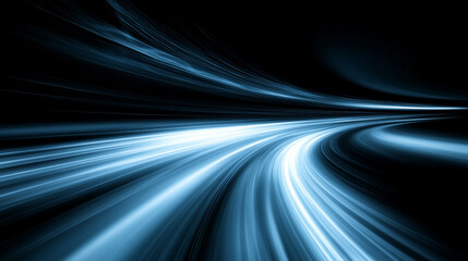 Abstract blue and white light streaks on a black background, resembling a curved road.