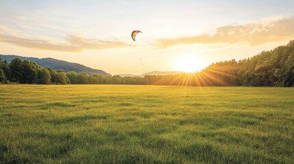 Obraz premium A serene landscape featuring a sunset over a grassy field with a colorful kite in the sky.