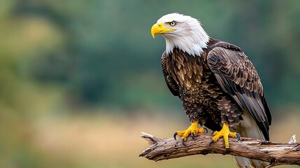 The proud American eagle perches majestically on a sturdy branch, its sharp gaze surveying the land below with a sense of regal authority.