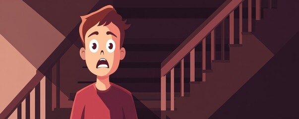 A frightened boy stands at the bottom of a dark staircase, evoking suspense and tension.