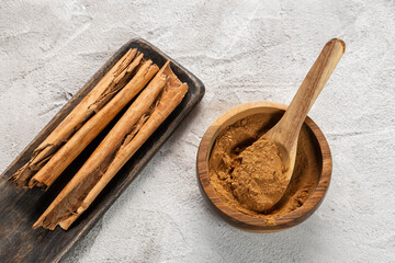 Ground Cinnamon Sticks Wooden Bowl Rustic Background
