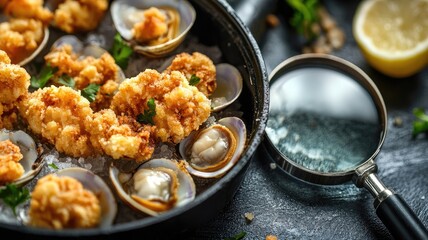 Breaded and fried seafood with clams served on dark plate beside lemon wedge magnifying glass
