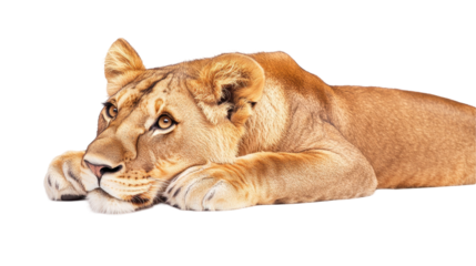 A serene lioness resting gracefully. transparent background