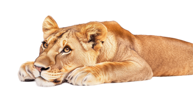 A serene lioness resting gracefully. transparent background