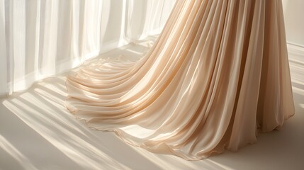 Close-up of woman by a large window, soft light casting gentle shadows on her flowing beige dress, creating a serene and elegant mood, selective focus, Calm beauty, Graceful style