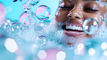 Fototapeta premium Close-up of young black woman relaxing in a bubble-filled bathtub, wine glass in hand, lit candles create a soothing, luxurious mood, Luxury bath, Relaxation