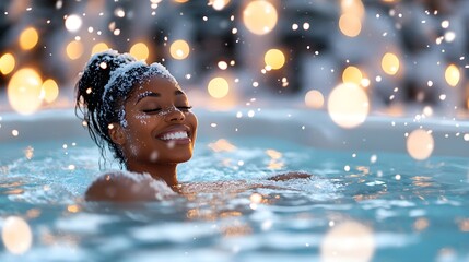 Plus-size Black woman basking in a hot tub, snow falling around her, serene outdoor winter scene, radiant smile, wellness and relaxation