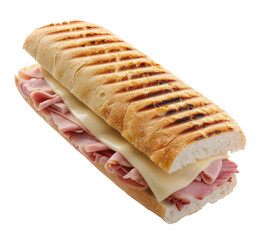Grilled sandwich with ham and cheese on a white isolated background.