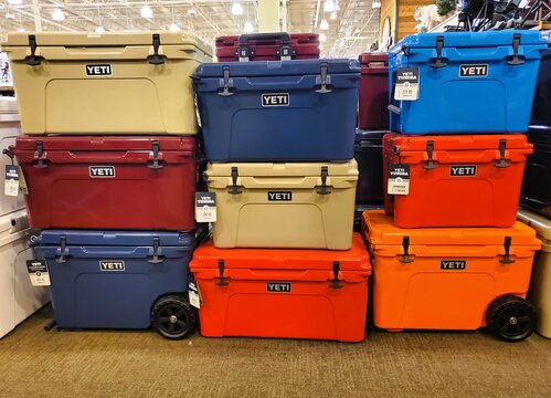 Newark, Delaware, U.S - November 7, 2024 - Various colors of Yeti Tundra coolers
