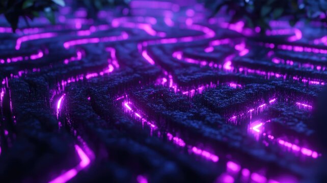 Glowing purple neon lights illuminate dark, abstract maze