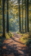 Obraz premium A serene forest path illuminated by sunlight, surrounded by tall trees and autumn foliage.
