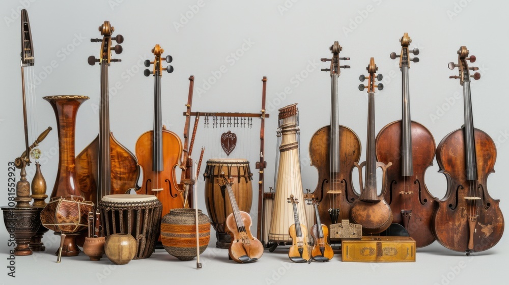 Poster an evocative portrayal of different musical instruments from around the world forming a harmonious o
