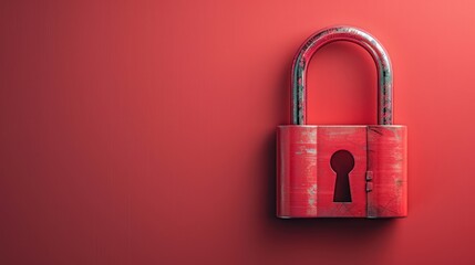 A rusty red padlock on a red background.