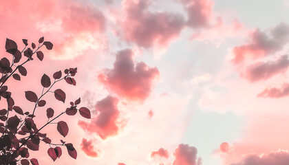 Abstract pink watercolor background with clouds and tree branch