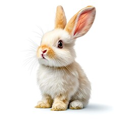 Obraz premium An illustration of a fluffy white rabbit with long ears and a pink nose, sitting upright and looking curiously at the viewer, all against a clean white background.Isolated on a white background.