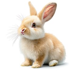 Obraz premium An illustration of a fluffy white rabbit with long ears and a pink nose, sitting upright and looking curiously at the viewer, all against a clean white background.Isolated on a white background.
