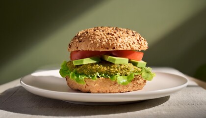 Bold Presentation of a Gluten-Free Vegan Burger on a Clean White Plate with Avocado, Lettuce, and Tomato, Captured in Crisp Detail with a Minimalist Background