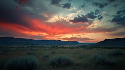 Obraz premium Dramatic Sunset Over Desert Canyon Landscape with Vivid Colors