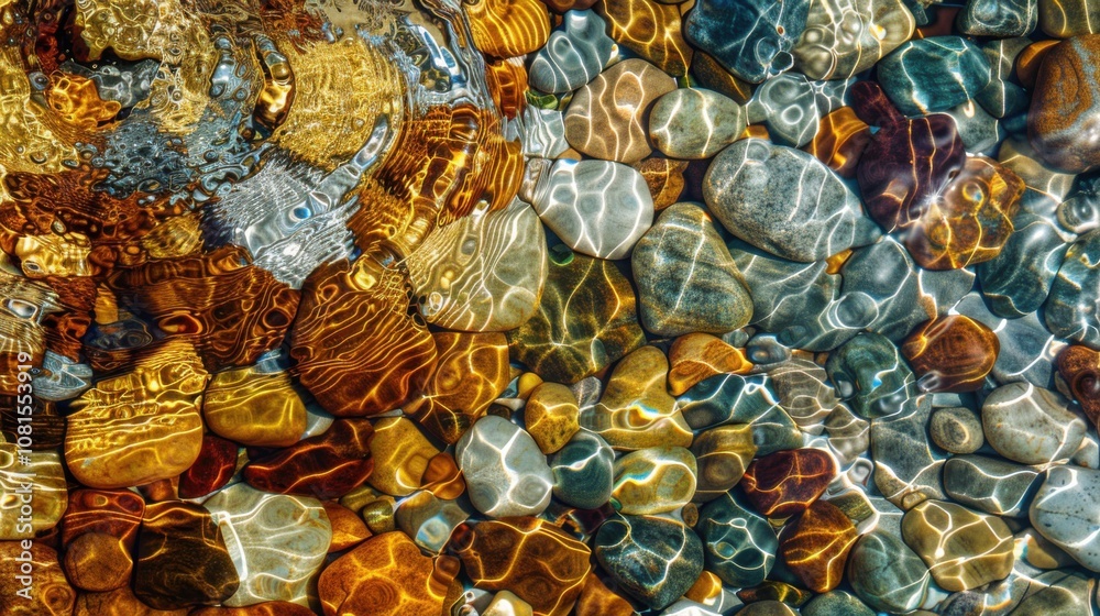 Aufkleber an evocative scene of a flowing river with varied colored pebbles visible through the clear water, s