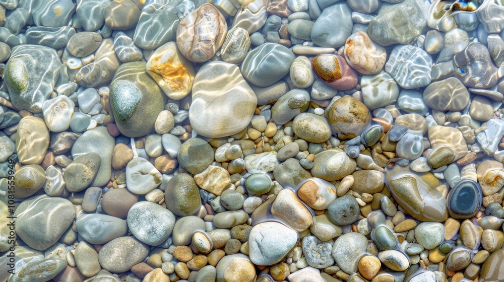 Poster an evocative scene of a flowing river with varied colored pebbles visible through the clear water, s