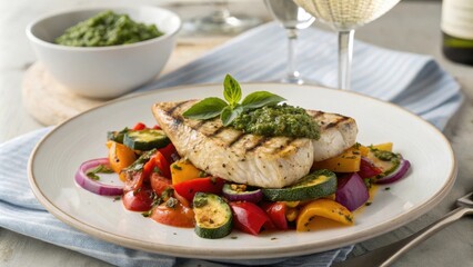 Mediterranean Grilled Swordfish Steak with Vegetables and Sauce