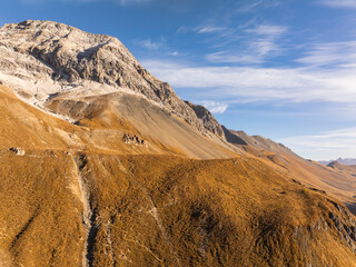 Aerial view of the fall scenery around the Albula Pass in Grisons, Switzerland