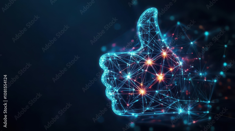 Aufkleber abstract thumbs up icon made of interconnected neon lights with five stars in a circular arrangement