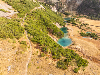 Aerial view of the fall scenery around the Albula Pass in Grisons, Switzerland