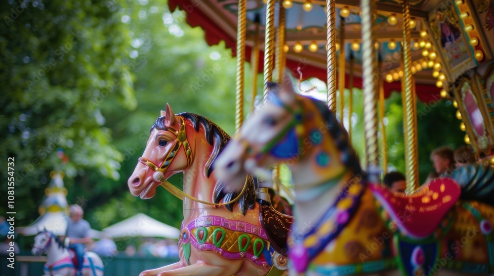 Poster an evocative scene of a vibrant carousel with horses and decorations featuring various cultural patt