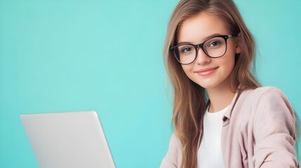 Cheerful Young Female Professional Wearing Eyeglasses and Using Laptop Computer in a Turquoise Studio Background,Representing a Software Engineer,Developer.