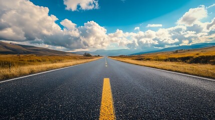 Naklejka premium Straight road leading through a field of yellow grass toward a mountain range under a blue sky with puffy clouds