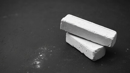 Two white chalk pieces stacked on black surface