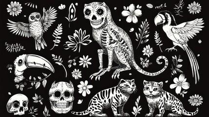 Naklejka premium A collection of hand-drawn animals and flowers in a traditional Mexican style.