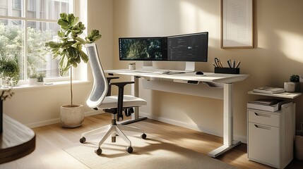 Ergonomic workspace with adjustable chair, dual monitors, office supplies, and a calming ambiance 
