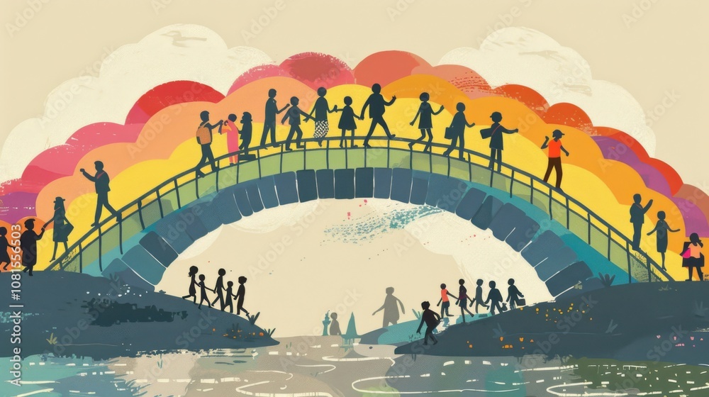 Poster an evocative visual of a rainbow bridge connecting two distinct landscapes representing different cu