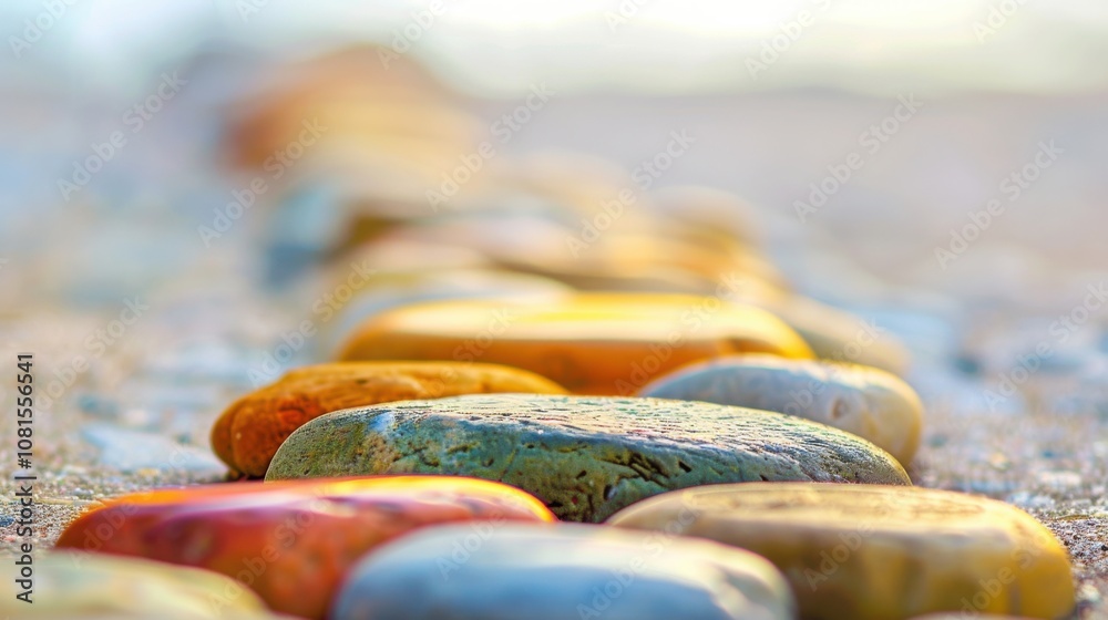 Poster an evocative visual of a varied collection of colored stones forming a single, smooth path leading i
