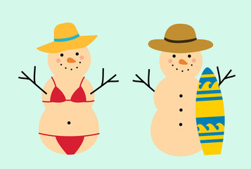 Set of cute holiday sand snowman flat vector.
Beach summer sand snowman cartoon.
Christmas Beach Snowman illustration.