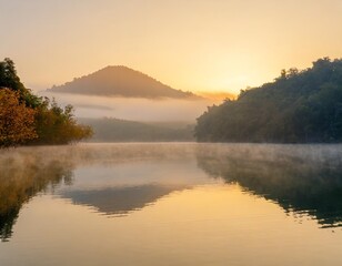 Obraz premium Peaceful Lake at Sunrise, With Mist Rising From the Water and a Lone Mountain Reflecting on the Calm Surface, Surrounded by Autumn Forests in Soft Morning Light