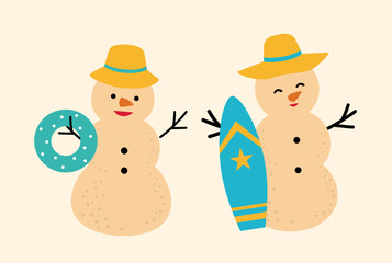 Set of cute holiday sand snowman flat vector.
Beach summer sand snowman cartoon.
Christmas Beach Snowman illustration.