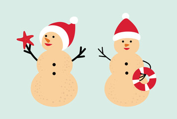Set of cute holiday sand snowman flat vector.
Beach summer sand snowman cartoon.
Christmas Beach Snowman illustration.