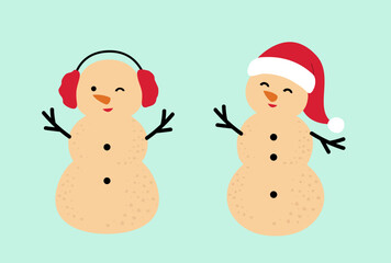 Set of cute holiday sand snowman flat vector.
Beach summer sand snowman cartoon.
Christmas Beach Snowman illustration.