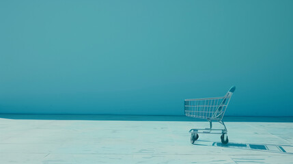 Shopping cart abandoned in a vast, empty landscape with surreal atmosphere