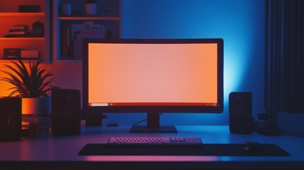 A computer with a blank screen, a keyboard, and a mouse on a desk with neon lights.