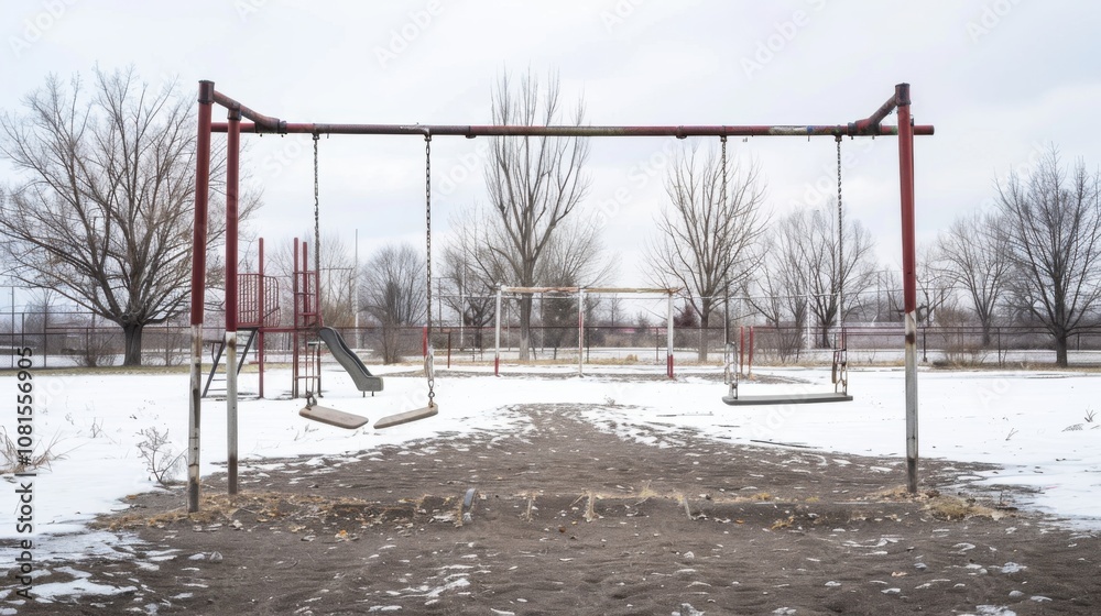 Poster An evocative visual of empty playgrounds and abandoned schools, symbolizing the impact of educational inequality and the disruption caused by social challenges, Representing the loss of opportunity