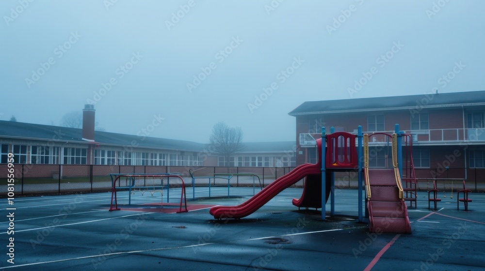 Aufkleber an evocative visual of empty playgrounds and abandoned schools, symbolizing the impact of educationa