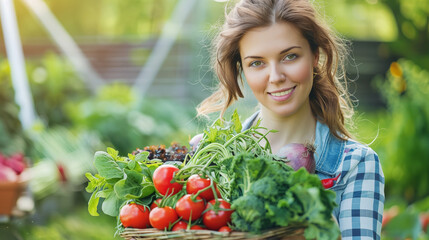 Female farmer proudly holds a basket filled with freshly harvested vegetables from her garden, showcasing her hard work and connection to sustainable farming practices.