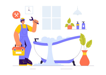 Vector Illustration of a Home Service Team featuring Cleaners, Renovation Workers, and Repairmen Building and Maintaining a House in a Flat Background