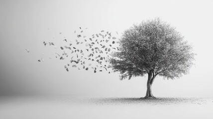 Monochrome tree with leaves blowing away on plain background