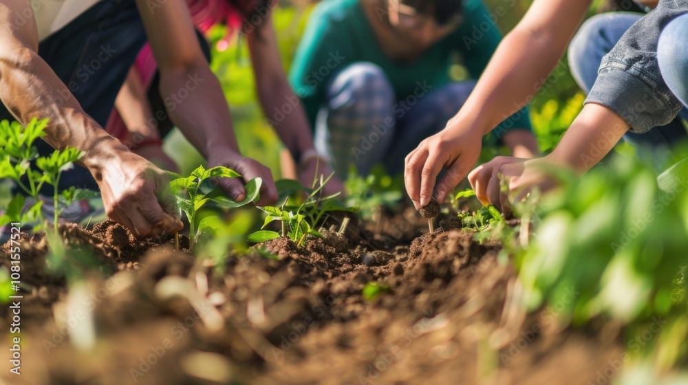 Poster an impactful image of a diverse group of people planting different types of seeds in a garden, with 