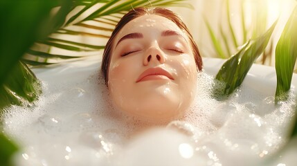 Plus-size brunette woman comfortably submerged in a bubble-filled bathtub, eyes closed, peaceful ambiance with plants and natural light